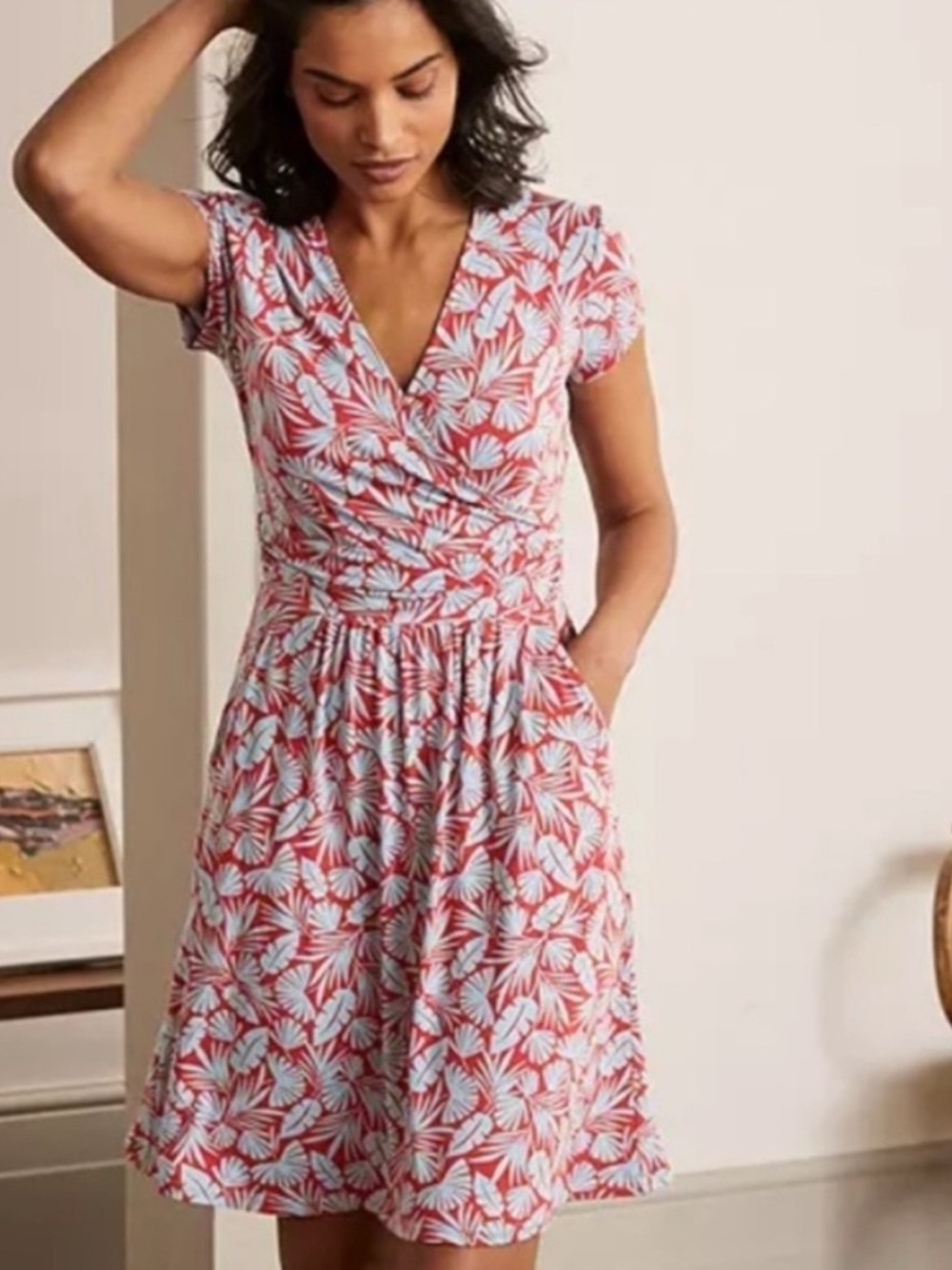 Boden Lola Palm Print Knee Length Jersey Knit Dress Size 8L Blue Red Pockets